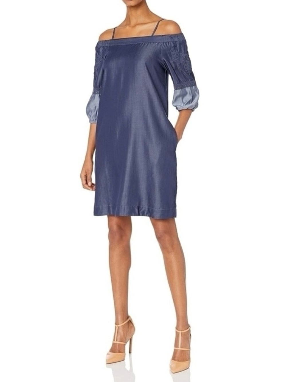 Nanette Lepore Off-The-Shoulder Denim Shift Dress with Puff Sleeves Size 6